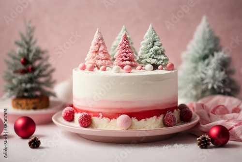 Christmas cake pastel colors with little trees on the top