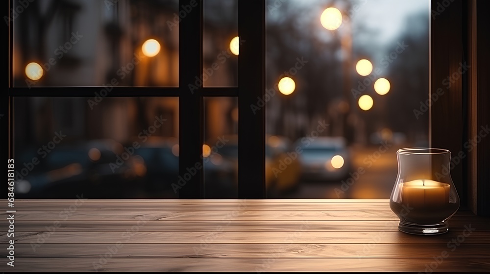 A close-up view of the night street seen out the window behind a wooden table. Generative AI A close-up view of the night street seen out the window behind a wooden table. Generative AI