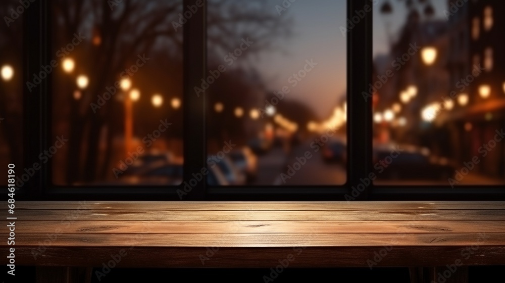 A close-up view of the night street seen out the window behind a wooden table. Generative AI A close-up view of the night street seen out the window behind a wooden table. Generative AI