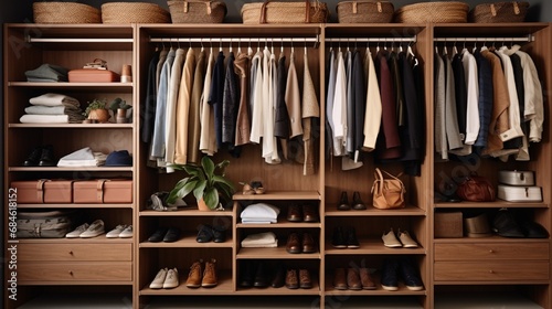 A well-organized closet with neatly arranged clothes and shoes.