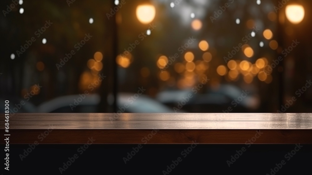 A close-up view of the night street seen out the window behind a wooden table. Generative AI
