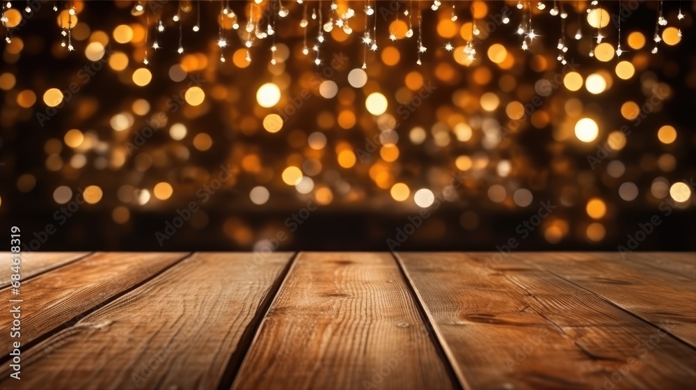 Wooden table top on the background of Christmas lights. Bright festive banner, New Year background