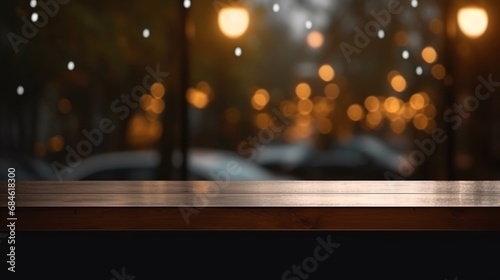 A close-up view of the night street seen out the window behind a wooden table. Generative AI