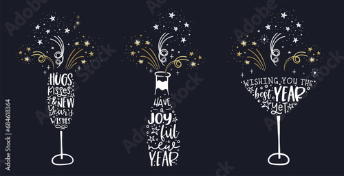 Fun hand drawn New Years Party doodles - cute hand writing and firework - vector design