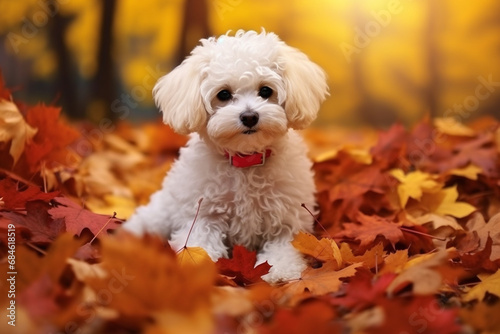 Cute bichon dog in the autumn leaves © Robin