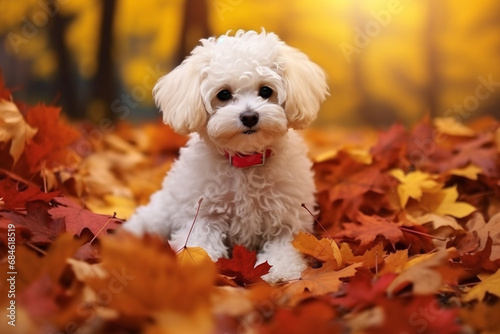 Cute bichon dog in the autumn leaves