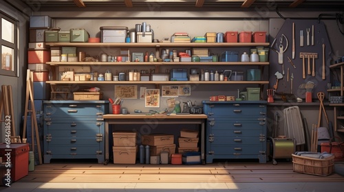 A well-organized garage with labeled storage bins, tools, and a clean workspace.