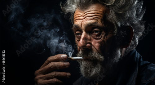 close-up portrait of a bearded elderly tired gray-haired man with deep wrinkles smoking a cigarette with smoke on a black background 