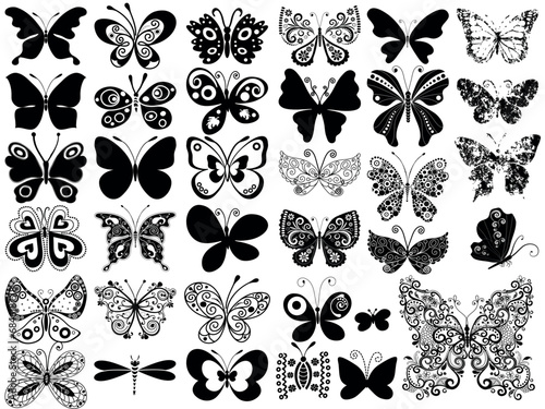 Vector big set monochrome black silhouette of butterflies and dragonflies isolated on the transparent background