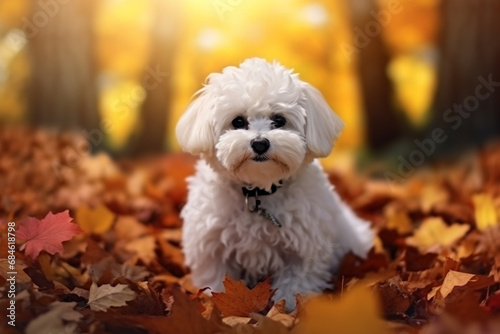 Cute bichon dog in the autumn leaves