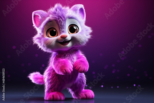 3D art illustration of cute pink fluffy cat in glitter jacket, in pastel colors, pink and violet background. Animation cartoon charecter
