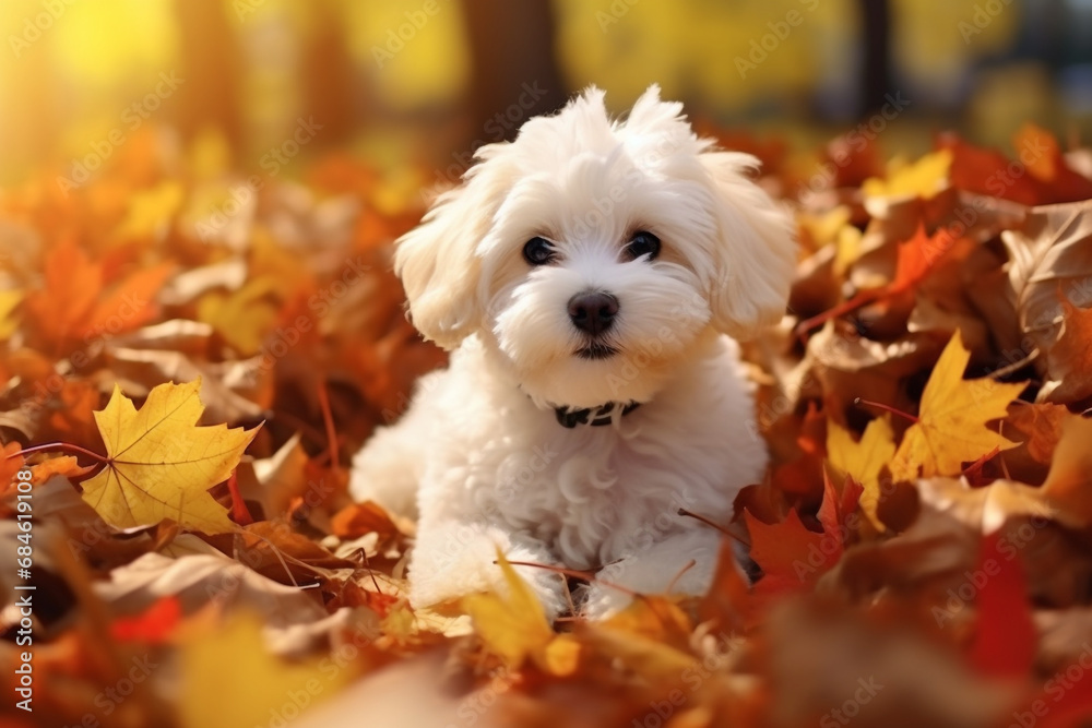 Cute bichon dog in the autumn leaves Cute bichon dog in the autumn leaves