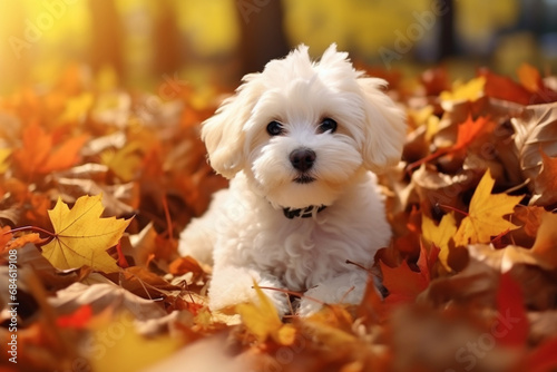 Cute bichon dog in the autumn leaves