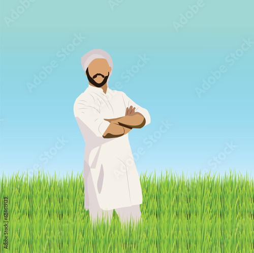 Happy Indian young farmer standing in field with confidence and positivity.