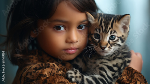 Close up of a little indian pretty girl hugs a beautiful bengal cat, lovely pet, frendship with pets. Indors home background.Cute little cat.  photo