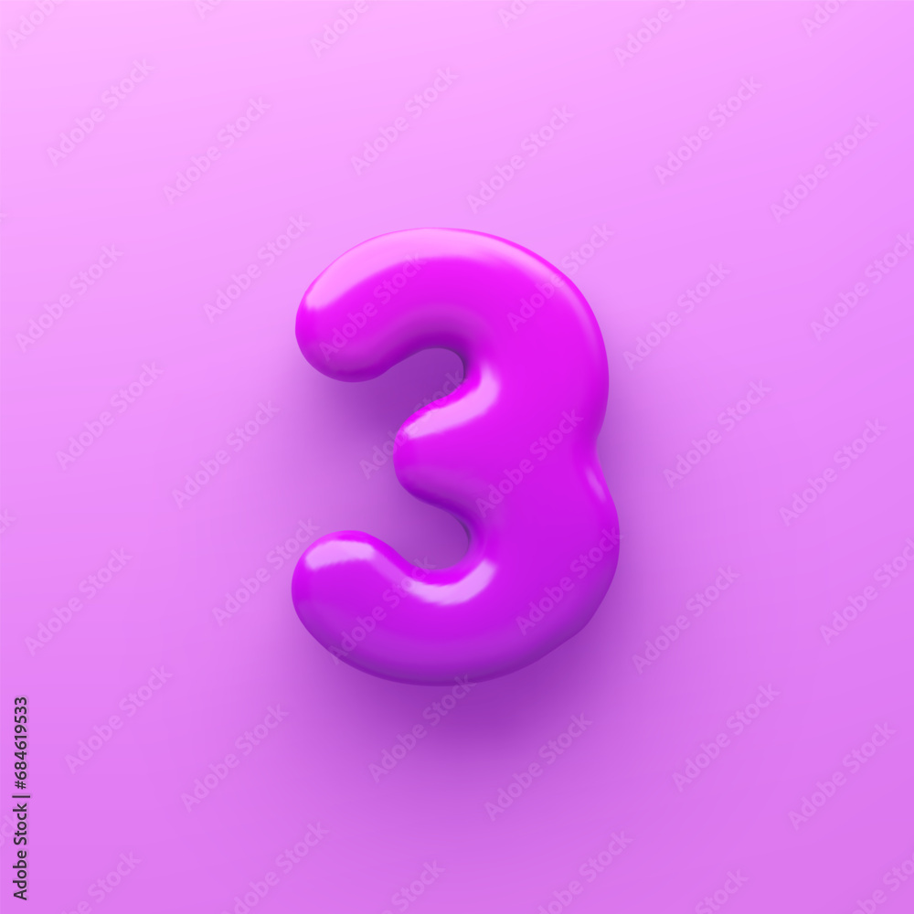 3D Purple number 3 with a glossy surface on a purple background . 3D Purple number 3 with a glossy surface on a purple background .