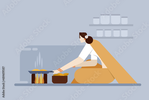 Illustration of an Indian woman making food in traditional way on a fire stove