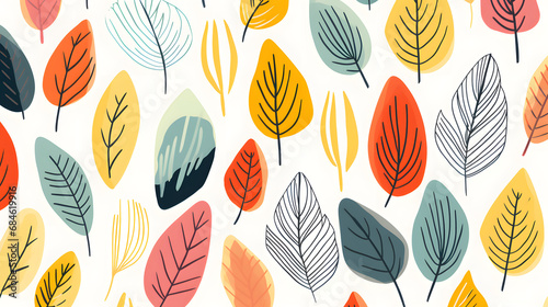 Abstract plant leaf art seamless pattern with colorful freehand doodle collage. Organic leaves cartoon background, simple nature shapes in vintage. generative ai.