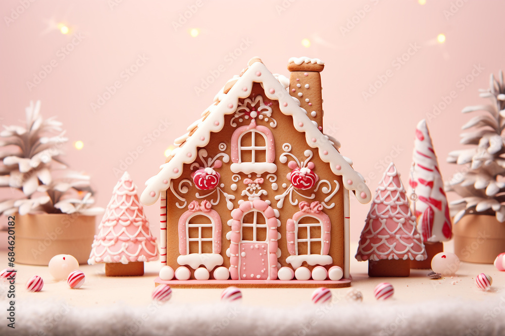 Christmas gingerbread house on pastel beige background