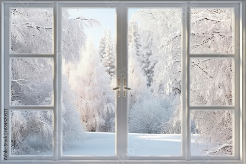 Winter landscape scene looking out through window