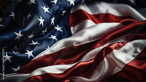 Close Up Waving Flag of America - USA Flag Blurry Background photo