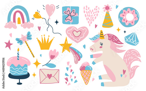 Cute unicorn and set of magic objects.  Vector illustration for birthday, invitation, baby shower card, kids tshirts. Hand drawn illustration on white background