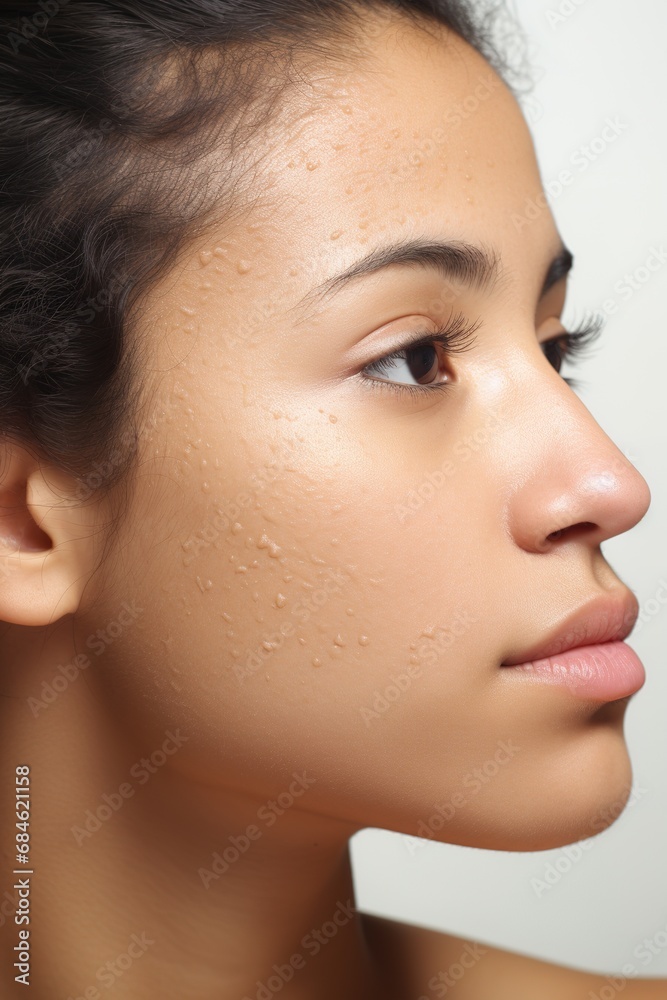 Woman with atopic eczema, close-up on cheek face, skin problem
Woman with atopic eczema, close-up on cheek face, skin problem