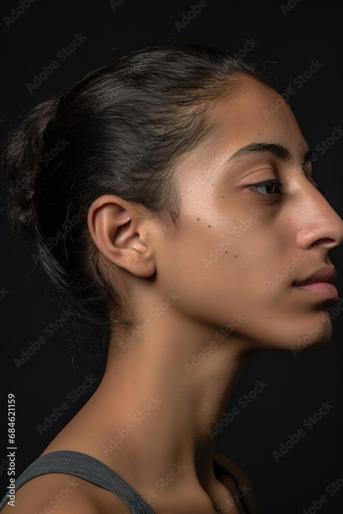 Woman with atopic eczema, close-up on cheek face, skin problem	
