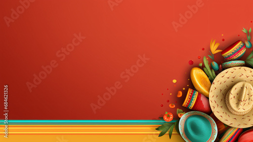 Colorful Mexican food background with sombrero