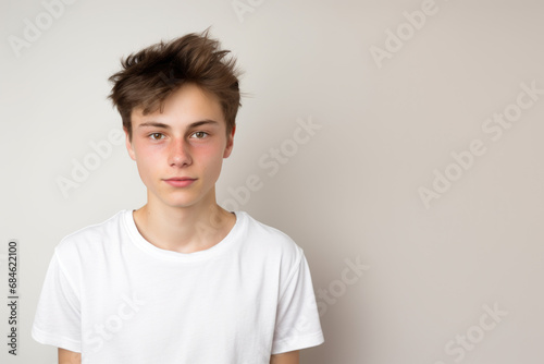 Portrait of a good looking teenager, boy, neutral expression, white and neutral teeshirt and background, serious