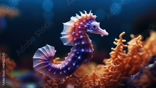 Colorful seahorse underwater on a coral reef. Generative AI © Deivison