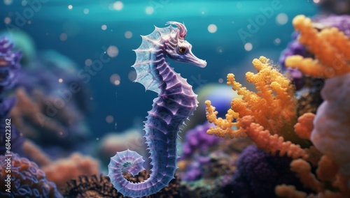 Colorful seahorse underwater on a coral reef. Generative AI