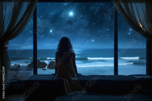 Illustration of A young girl looking out of the window, at fairy beautiful sea and night sky with stars, imagination and dream concep. Poster, postcard.