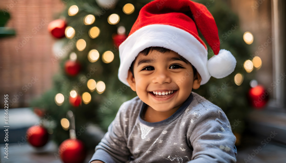baby boy smiling with santa hat next to the christmas tree