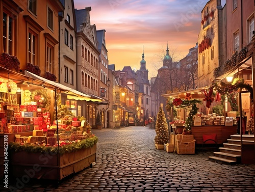 Imagine a picturesque scene bathed in the soft, golden glow of the setting sun, capturing the enchantment of a Christmas holiday market. The air is filled with excitement and the cheerful chatter of p photo