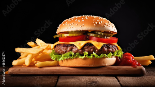  Unhealthy concept shown with delicious burger and fries on wooden table