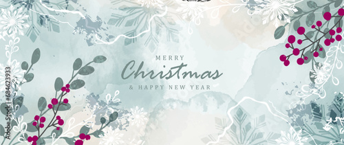 New Year and Christmas winter watercolor card, poster, banner with berries, snowflakes and various branches