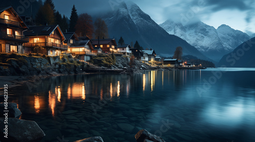 Landscape of A small Norwegian fishing town in the mountains, night lighting for houses and town street, surface of a sea