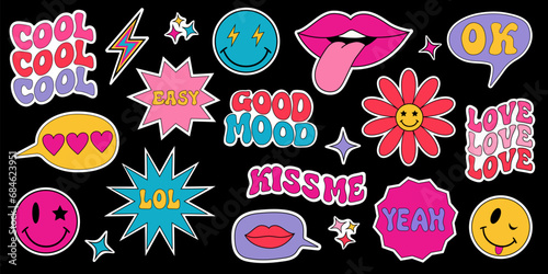 Cool Y2K Stickers pack. Set Of Cool Trendy Patches. Pop Art vector illustration