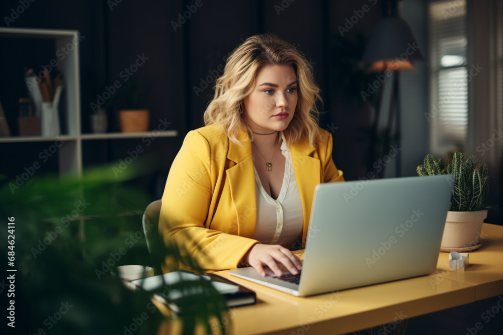a plump woman of plus-size, a manager, in yellow business clothes is sitting at a table with a laptop in a modern office, the concept of diversity a plump woman of plus-size, a manager, in yellow business clothes is sitting at a table with a laptop in a modern office, the concept of diversity