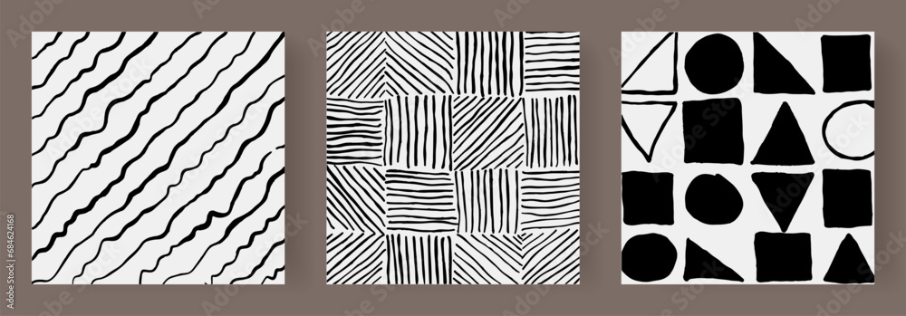 Fototapeta premium Set of three black and white abstract geometric paintings for home decor, wall decoration and interior designs