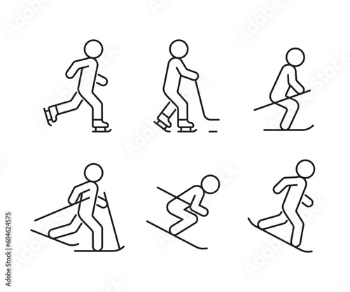 Vector set of winter sports line icons. Contains icons speed skating, figure skating, snowboarding, alpine skiing, biathlon, curling, hockey, ski jumping, medal and more. Pixel perfect. photo