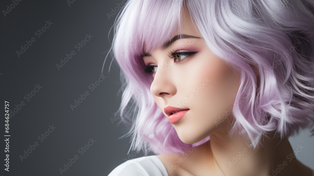 Beautiful portrait of asian woman with pink lilac hair, cosmetics and glow on skin. Headshot profile of female model with blue hair and confidence for skincare wellness. Beautiful portrait of asian woman with pink lilac hair, cosmetics and glow on skin. Headshot profile of female model with blue hair and confidence for skincare wellness.