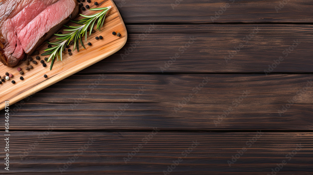 Delicious fried beef meat with rosemary on wooden table, top view. Banner design with space for text