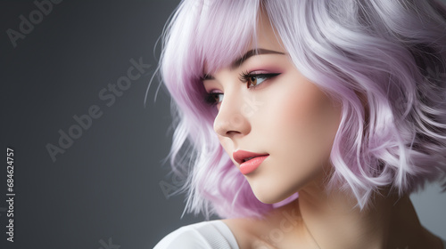 Beautiful portrait of asian woman with pink lilac hair  cosmetics and glow on skin. Headshot profile of female model with blue hair and confidence for skincare wellness.