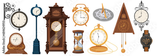 Vintage clocks set vector illustration. Cartoon isolated antique classic devices collection with old gold pocket watch and cuckoo clock, hourglass and sundial, retro chronometer to measure time