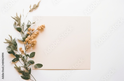 a beige blank card with plants on a white background