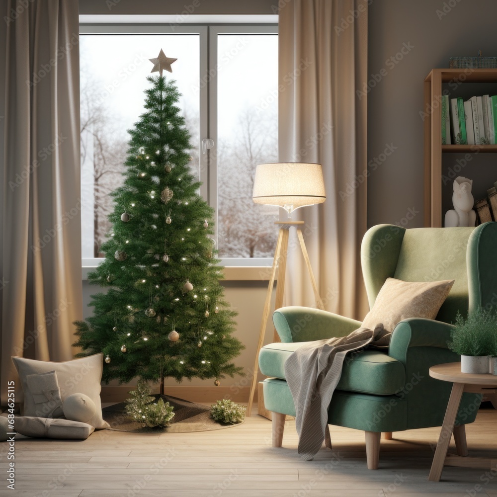 a family room with a small christmas tree and a green chair