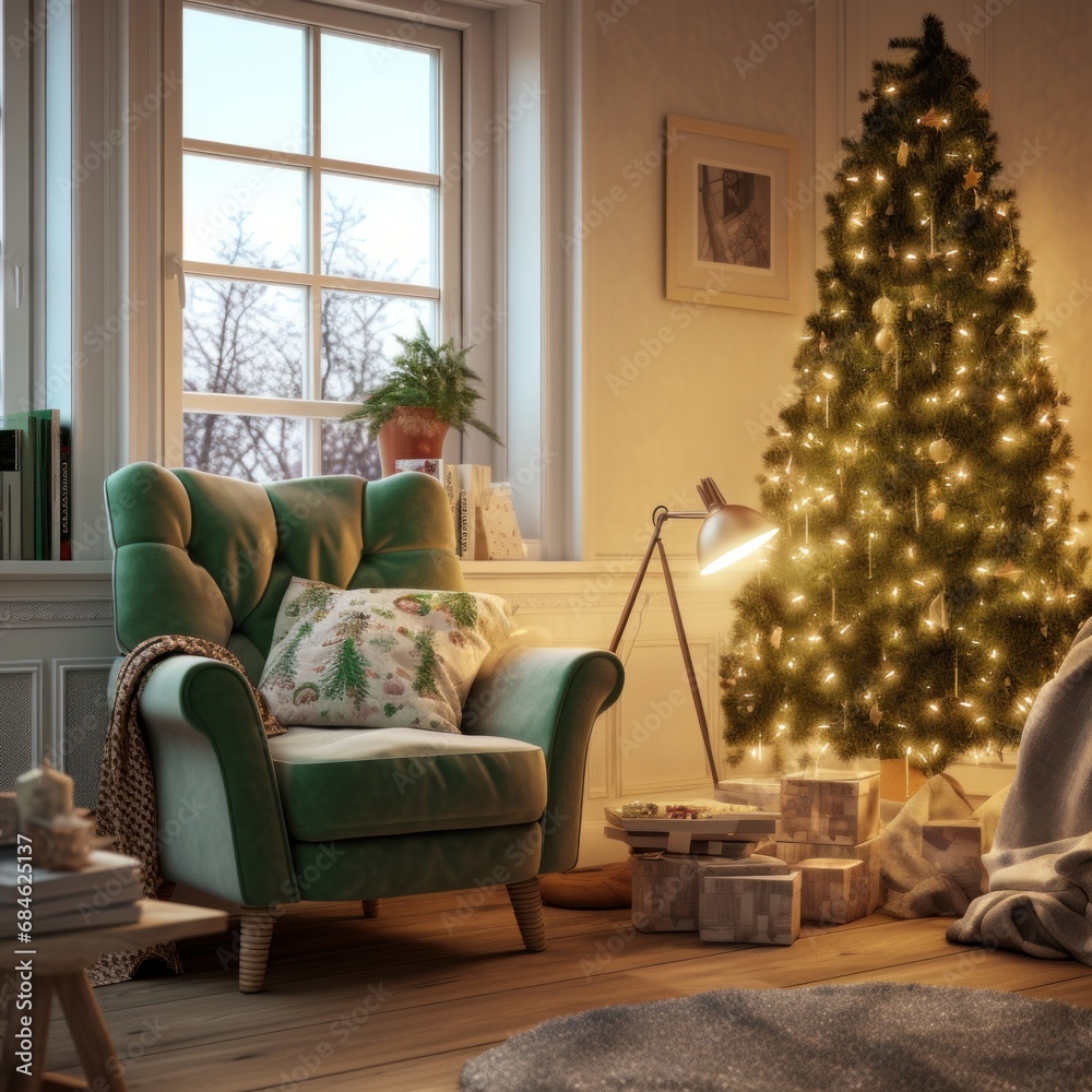 a family room with a small christmas tree and a green chair a family room with a small christmas tree and a green chair