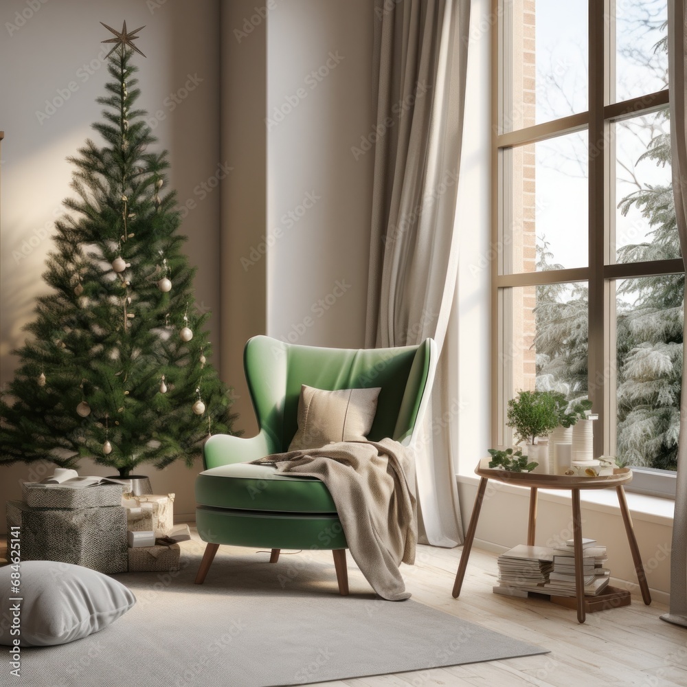 a family room with a small christmas tree and a green chair a family room with a small christmas tree and a green chair